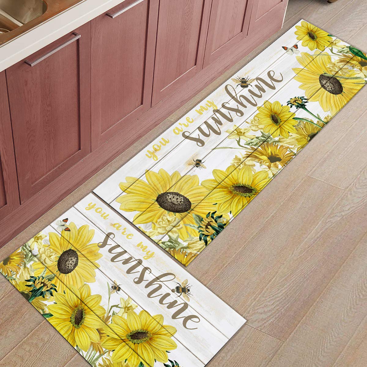 DIOMECL Sunflower 2 Piece Kitchen Rugs Anti Fatigue Mat Set Non Slip Cushioned Standing Kitchen Runner Mats 15.7x23.6inch+15.7x47.2inch, Fresh Sunflowers Bees on Wooden Board