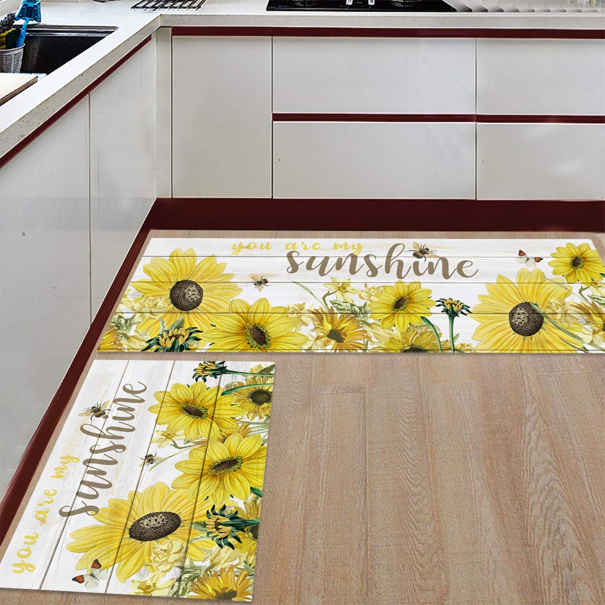 DIOMECL Sunflower 2 Piece Kitchen Rugs Anti Fatigue Mat Set Non Slip Cushioned Standing Kitchen Runner Mats 15.7x23.6inch+15.7x47.2inch, Fresh Sunflowers Bees on Wooden Board