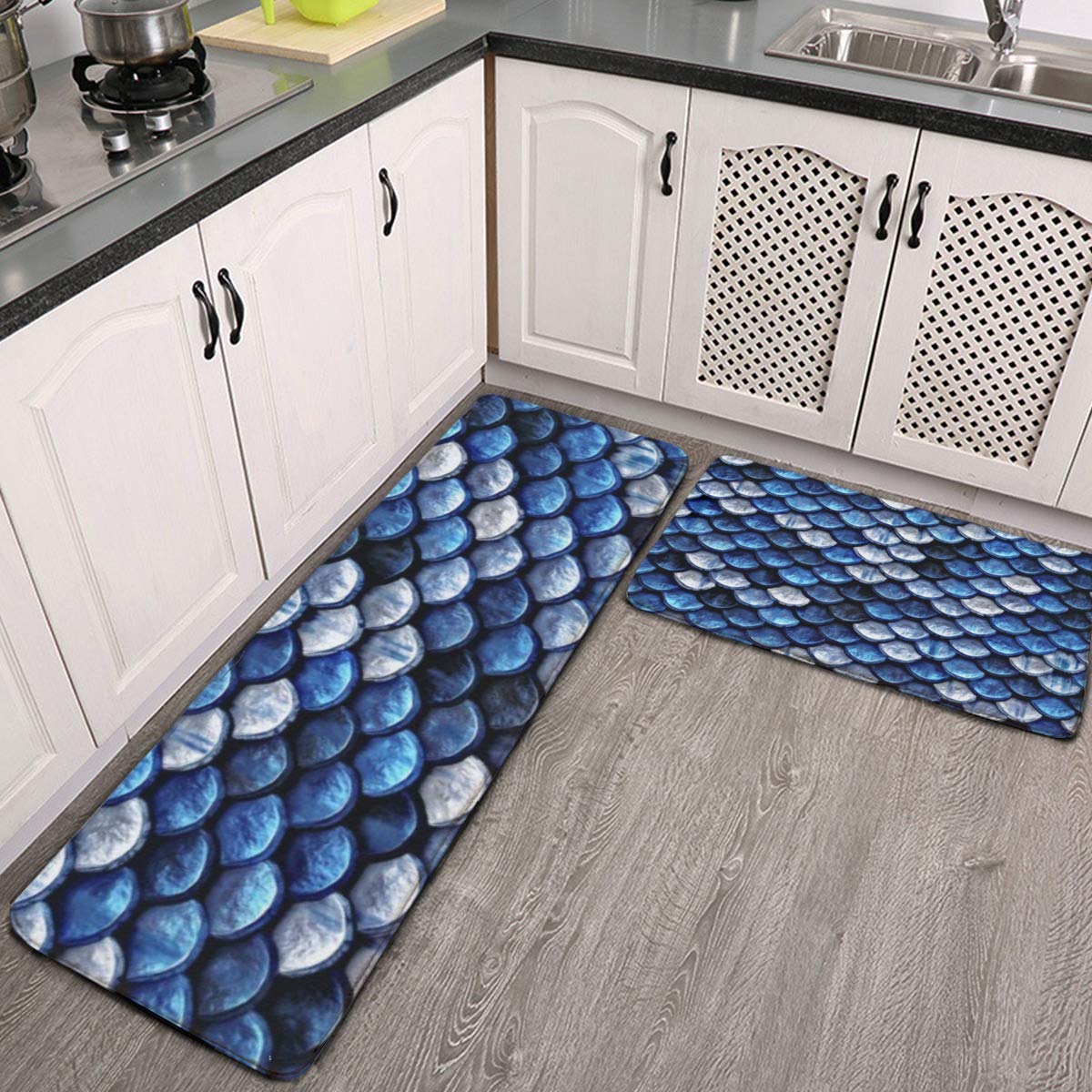 Midetoy Kitchen Rugs and Mats Set Metallic Cobalt Blue Fish Scales Anti Fatigue Kitchen Rug Non Slip Floor Rugs Indoor Outdoor 17.7"x59"+17.7"x29"