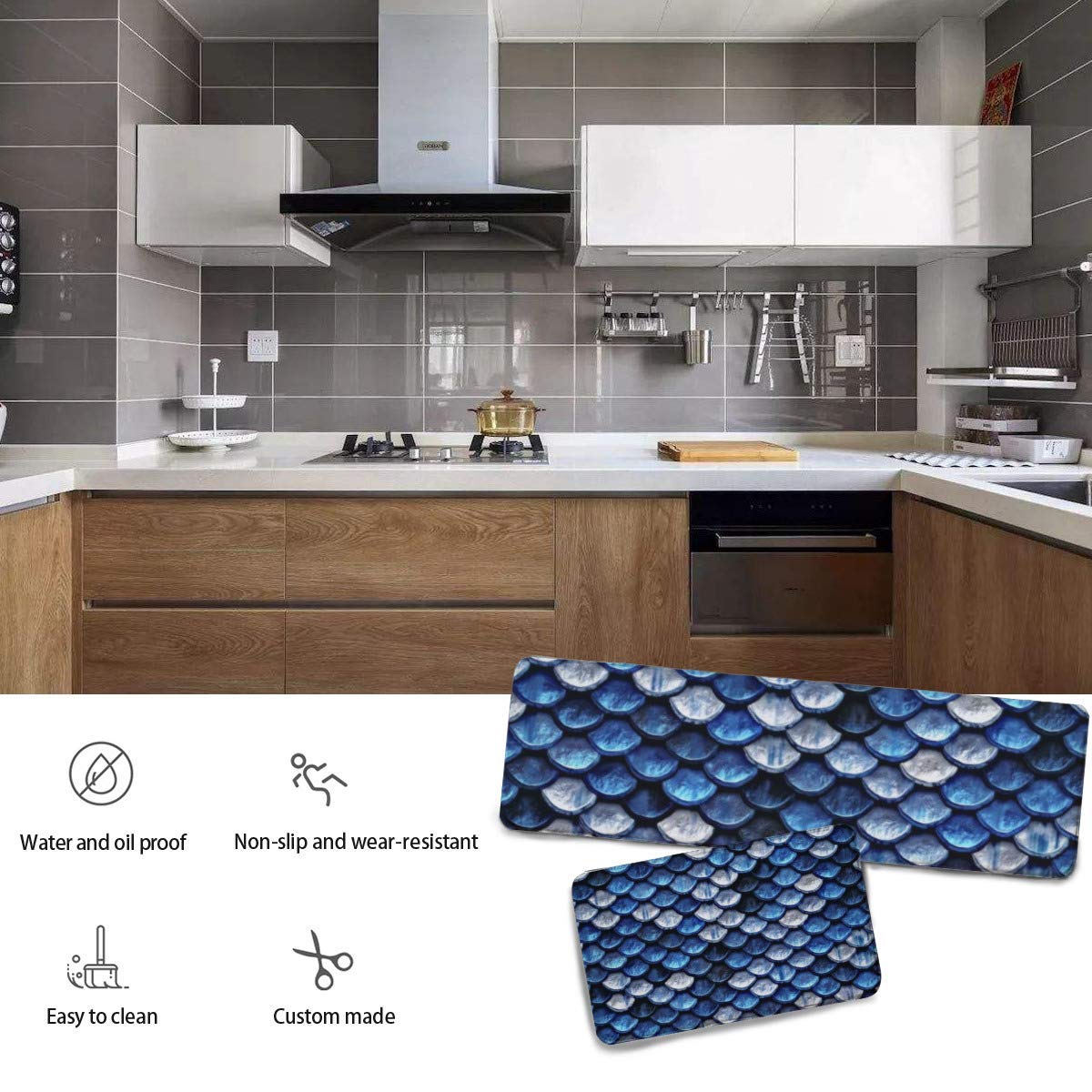 Midetoy Kitchen Rugs and Mats Set Metallic Cobalt Blue Fish Scales Anti Fatigue Kitchen Rug Non Slip Floor Rugs Indoor Outdoor 17.7"x59"+17.7"x29"