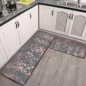 midetoy kitchen rugs and mats set elegant faux rose gold and grey brushstrokes anti fatigue kitchen rug non slip floor rugs indoor outdoor 17"x48"+17"x24"