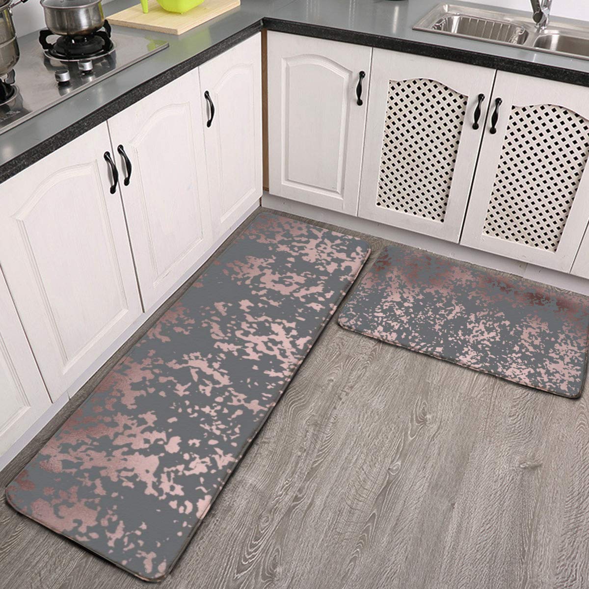 Midetoy Kitchen Rugs and Mats Set Elegant Faux Rose Gold and Grey Brushstrokes Anti Fatigue Kitchen Rug Non Slip Floor Rugs Indoor Outdoor 17"X48"+17"X24"