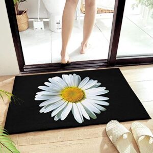 Shag Bath Rug Doormat,White Yellow Daisy Flower on Black Back Washable Microfiber Plush Floor Mat, Absorbent Floor Mats with Non Slip Backing for Bathroom Kitchen Bedroom Rustic Blossom Floral