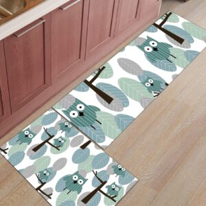 shine-home non-slip kitchen rugs set of 2 animal owl plant illustration,water-absorbing runner carpet area mat for bedroom bathroom indoor use rubber backing accent throw washable,white extra long