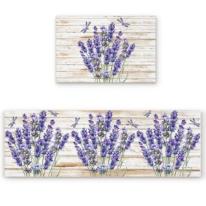 2 pcs kitchen mats runner rug set anti fatigue standing mat rubber backing purple lavender dragonfly print washable floor mat area rug for home/office 19.7"x31.5"+19.7"x63"