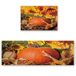 2 pcs kitchen mats runner rug set anti fatigue standing mat rubber backing fall pumpkin autumn harvest maple leaves apple print washable floor mat area rug for home/office