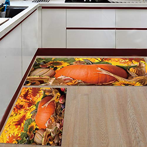 2 Pcs Kitchen Mats Runner Rug Set Anti Fatigue Standing Mat Rubber Backing Fall Pumpkin Autumn Harvest Maple Leaves Apple Print Washable Floor Mat Area Rug for Home/Office