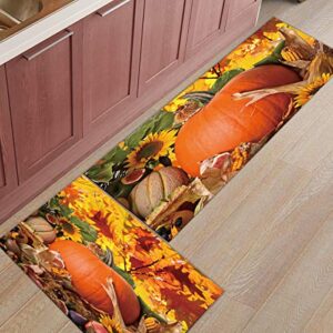 2 Pcs Kitchen Mats Runner Rug Set Anti Fatigue Standing Mat Rubber Backing Fall Pumpkin Autumn Harvest Maple Leaves Apple Print Washable Floor Mat Area Rug for Home/Office