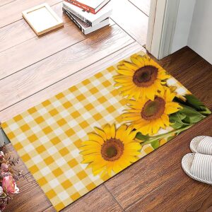 door mat for bedroom decor, rustic sunflower yellow buffalo check plaid floor mats, holiday rugs for living room, absorbent non-slip bathroom rugs home decor kitchen mat area rug 18x30 inch