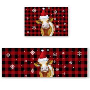 Arts Print Kitchen Rug Mat Set of 2,Farm Cow with Christmas Hat and Scarf Red and Black Buffalo Plaid Runner Rug,Non-Slip Durable Kitchen Floor Mat for Sink,15.7x23.6Inch+15.7x47.2Inch