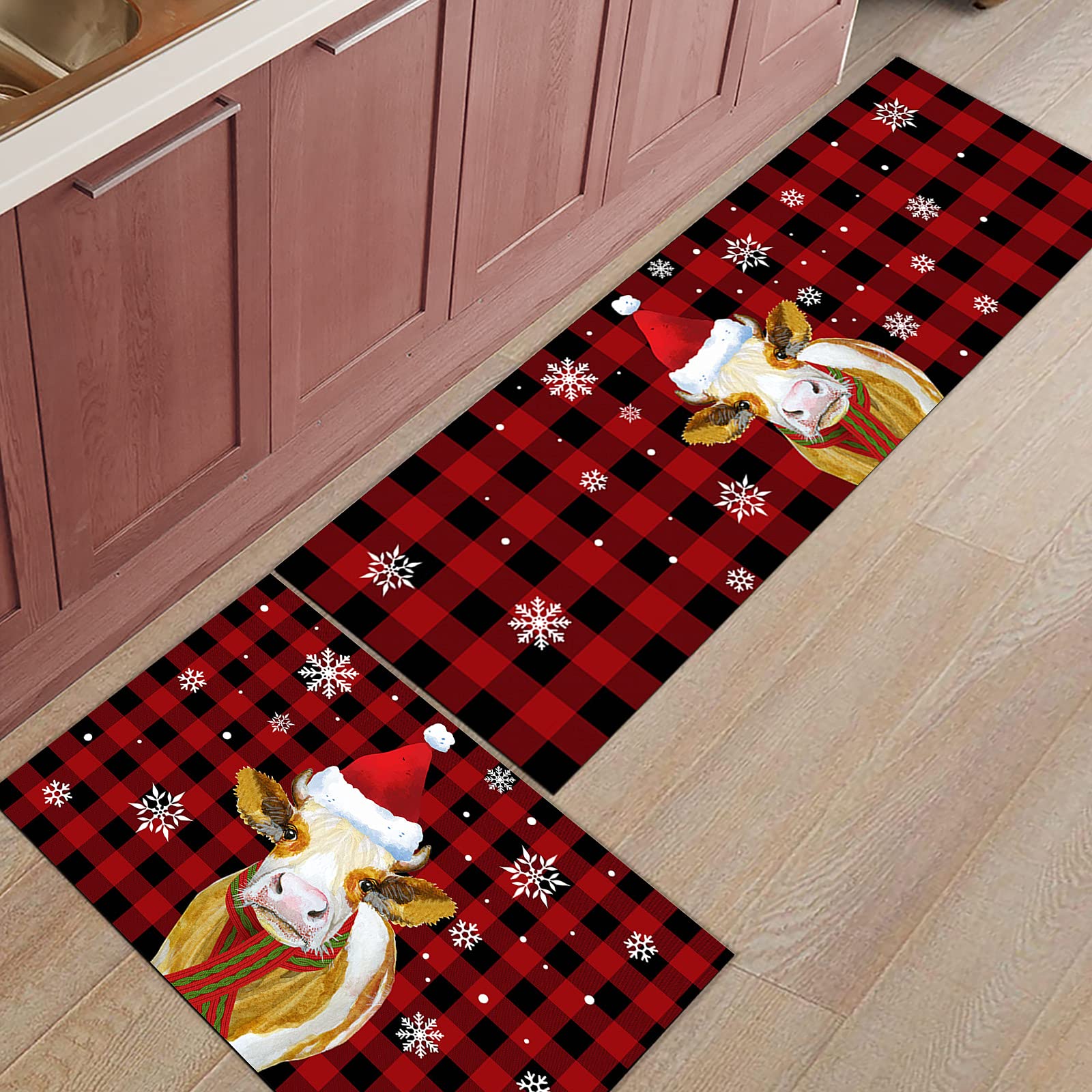 Arts Print Kitchen Rug Mat Set of 2,Farm Cow with Christmas Hat and Scarf Red and Black Buffalo Plaid Runner Rug,Non-Slip Durable Kitchen Floor Mat for Sink,15.7x23.6Inch+15.7x47.2Inch