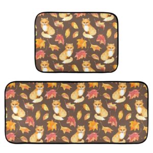 cute fox fall leaves kitchen mat set of 2 anti-fatigue kitchen rug set non slip foam cushioned kitchen runner rugs and mats comfort standing mat for floor laundry home decor