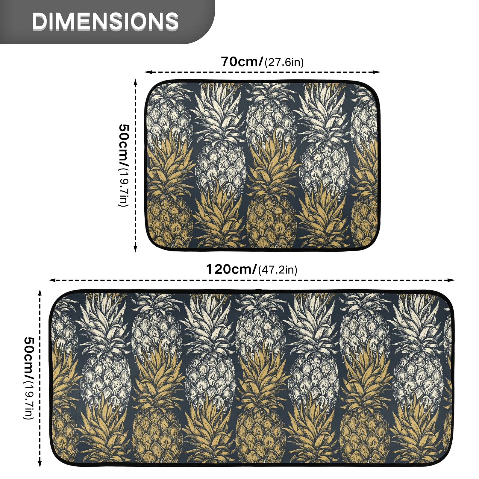 ALAZA Exotic Pineapple Kitchen Rug Set, 2 Piece Set, Non-Slip Floor Mat for Living Room Bedroom Dorm Home Decor, 19.7 x 27.6 Inch + 19.7 x 47.2 Inch