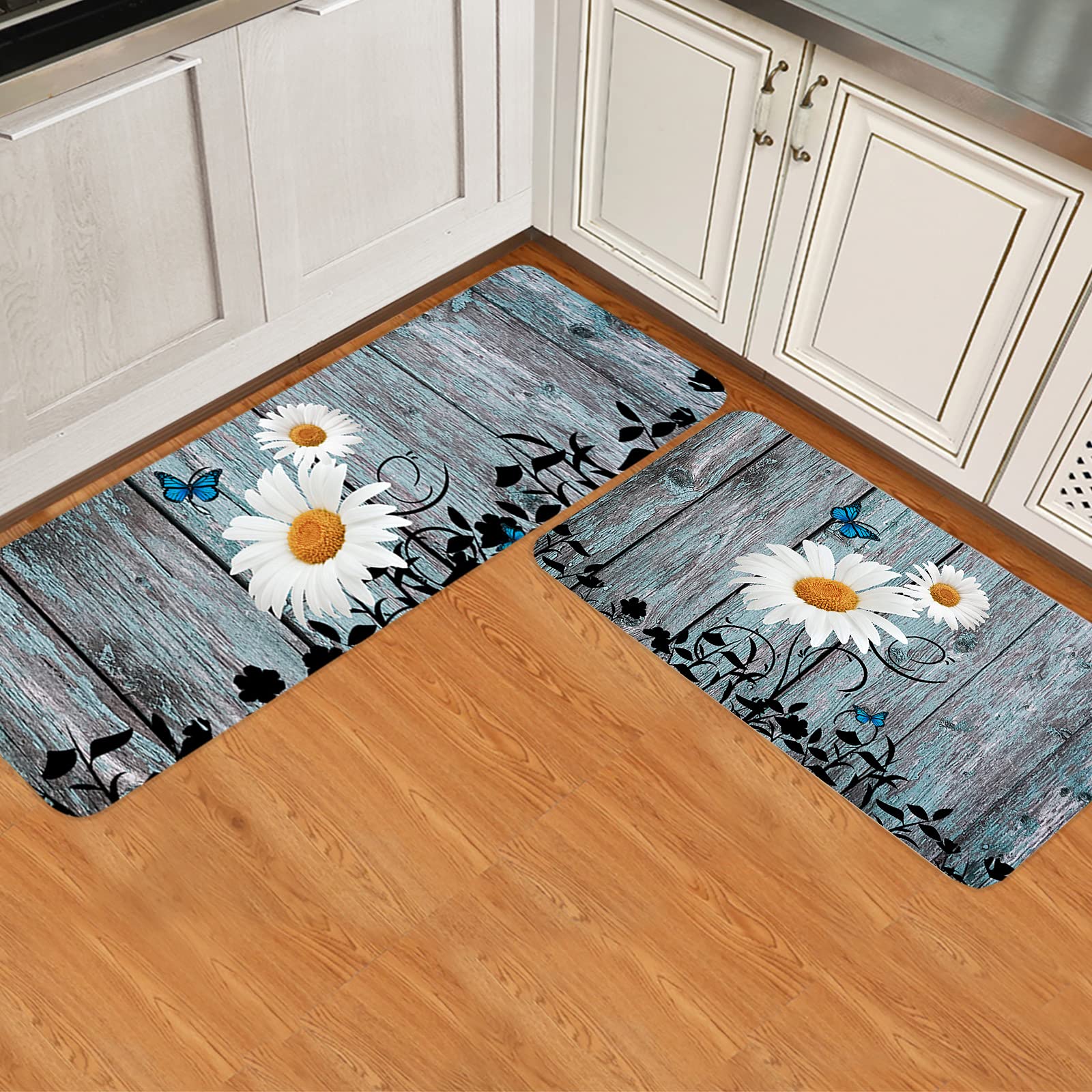 Savannan Kitchen Runner Rug Set 2 PCS, Farm Daisy Flower Butterfly Print on Rustic Old Wooden Board Runner Carpet Door Mats with Non Slip Rubber Backing Floor Mat for Laundry Bedside