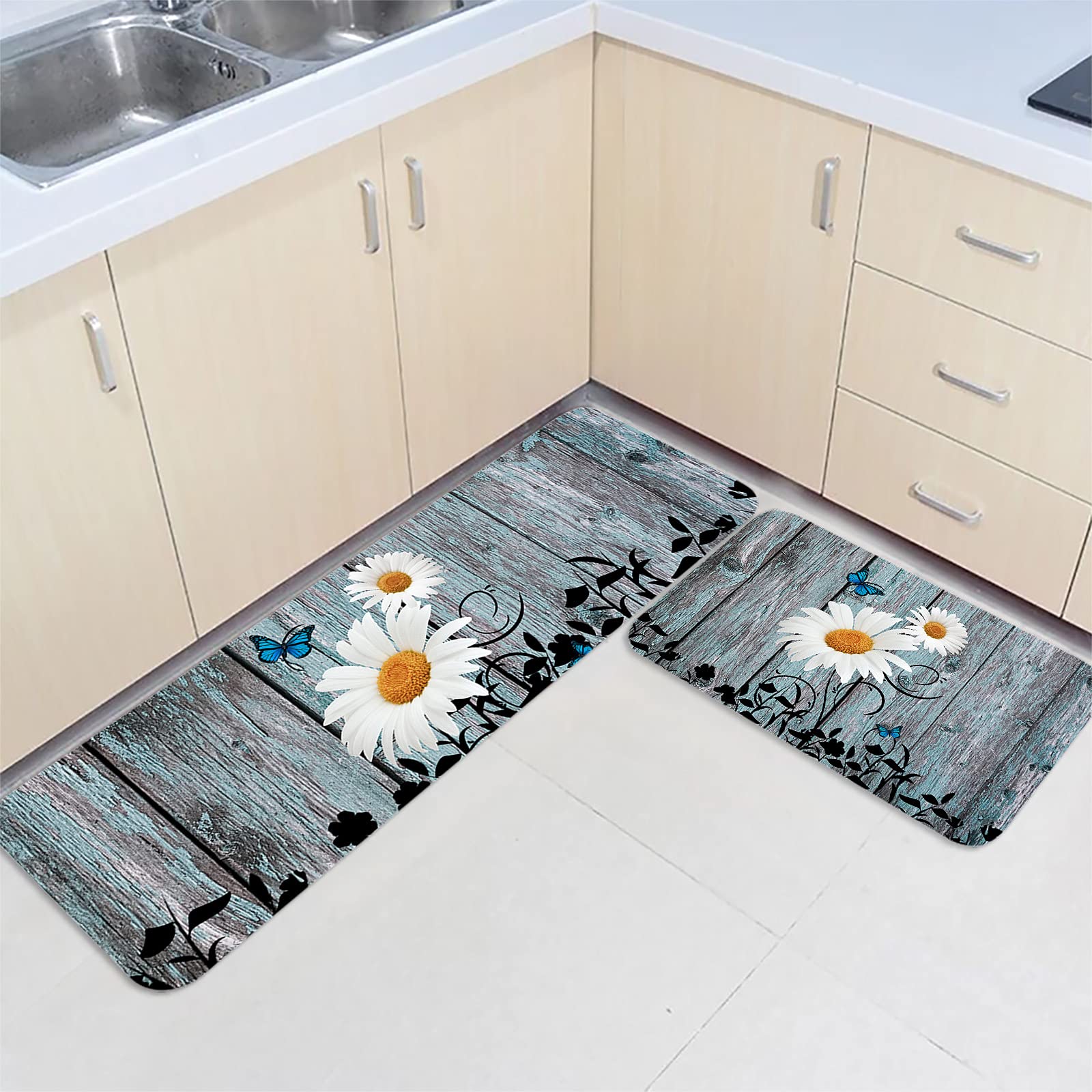 Savannan Kitchen Runner Rug Set 2 PCS, Farm Daisy Flower Butterfly Print on Rustic Old Wooden Board Runner Carpet Door Mats with Non Slip Rubber Backing Floor Mat for Laundry Bedside