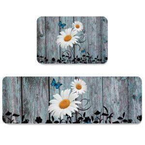 Savannan Kitchen Runner Rug Set 2 PCS, Farm Daisy Flower Butterfly Print on Rustic Old Wooden Board Runner Carpet Door Mats with Non Slip Rubber Backing Floor Mat for Laundry Bedside