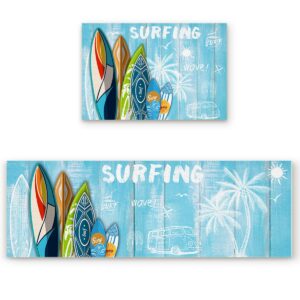 z&l home summer seaside surfboard palm trees kitchen rug sets 2 piece floor mat non-slip rubber backing area runners door mats, blue and white wooden texture indoor washable carpet