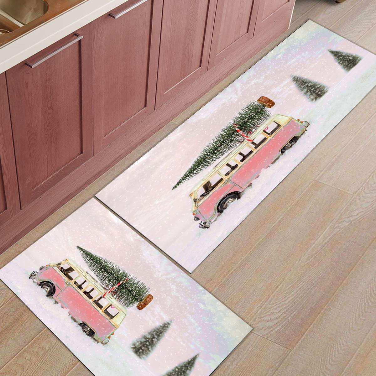 LooPoP Pink Christmas Kitchen Mats for Floor Cushioned Anti Fatigue 2 Piece Set Kitchen Runner Rugs Non Skid Washable Snow Bus Pine Tree