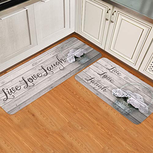 2 Piece Non-Slip Kitchen Mat Rubber Backing Doormat Runner Rug Set Live Love Laugh Vintage Hydrangea Flowers on Wooden Plank Super Absorbent Kitchen Rug Set Door Mats Carpet 15.7"x23.6" + 15.7"x47"