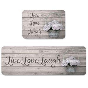 2 Piece Non-Slip Kitchen Mat Rubber Backing Doormat Runner Rug Set Live Love Laugh Vintage Hydrangea Flowers on Wooden Plank Super Absorbent Kitchen Rug Set Door Mats Carpet 15.7"x23.6" + 15.7"x47"