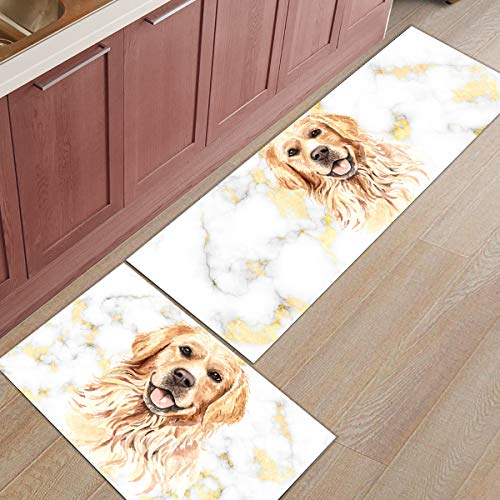 Big buy store Kitchen Rug Sets 2 Piece Golden Retriever Non Slip Anti Fatigue Floor Mats Marble Pattern Comfort Soft Absorb Cushioned Standing Doormat Runner Rugs (15.7x23.6+15.7x47.2 inch)