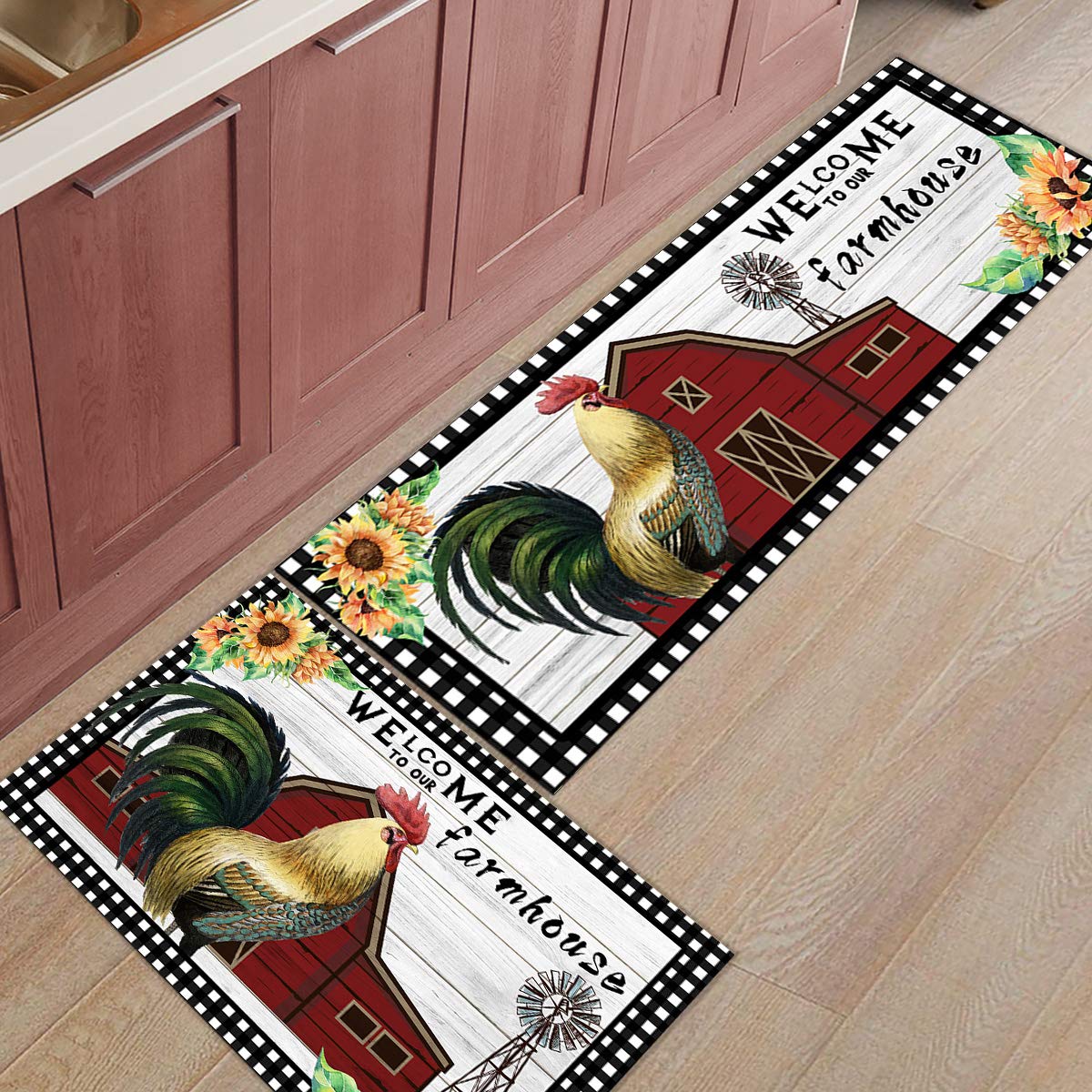 Z&L Home 2 Pieces Kitchen Rugs and Mats Set Non Slip Rubber Backing Floor Mat Bath Carpet Accent Area Runner Thin Low Pile Indoor Doormat Sets- Wood Barn Windmill on Board Farm Rooster Sunflower