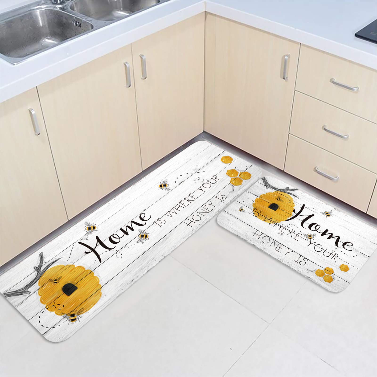Bees Kitchen Mats 2 Pieces Non Slip Runner Rug Set Home is Where Your Honey is Bee Home Hive Rustic Wood Grain Kitchen Rugs Washable Comfort Floor Mat for Kitchen,Sink,Office,15.7"x23.6"+15.7"x47.2"