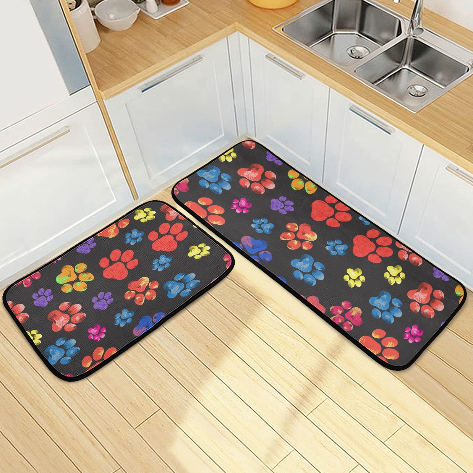 Kitchen Rugs and Mats 2 Pieces Rainbow Animal Paw Print Trails Black Anti Fatigue Kitchen Rug Set Non Slip Bath Mat Entry Floor Carpet Entrance Door Mat Runner 20"x28"+20"x47" 20"x28"+20"x47"