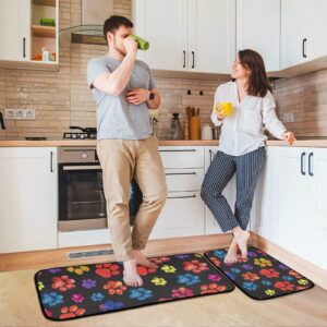 Kitchen Rugs and Mats 2 Pieces Rainbow Animal Paw Print Trails Black Anti Fatigue Kitchen Rug Set Non Slip Bath Mat Entry Floor Carpet Entrance Door Mat Runner 20"x28"+20"x47" 20"x28"+20"x47"