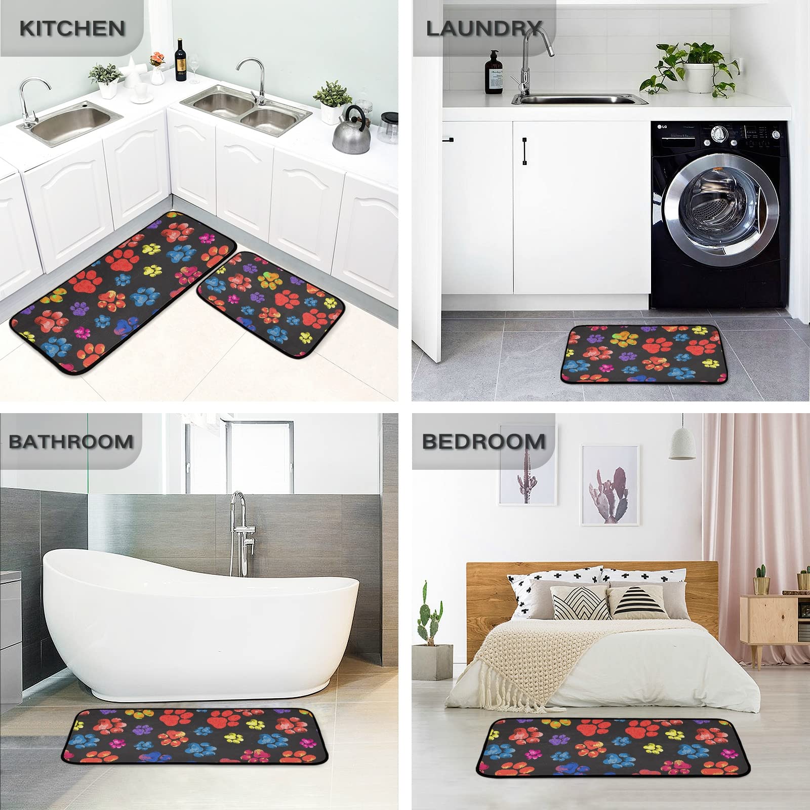 Kitchen Rugs and Mats 2 Pieces Rainbow Animal Paw Print Trails Black Anti Fatigue Kitchen Rug Set Non Slip Bath Mat Entry Floor Carpet Entrance Door Mat Runner 20"x28"+20"x47" 20"x28"+20"x47"