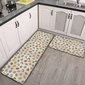 2 pcs soft kitchen rug set washable doormat carpet retro dog paw print non-slip kitchen mats and rugs area runner rugs 17.7"x59"+17.7"x29.5"