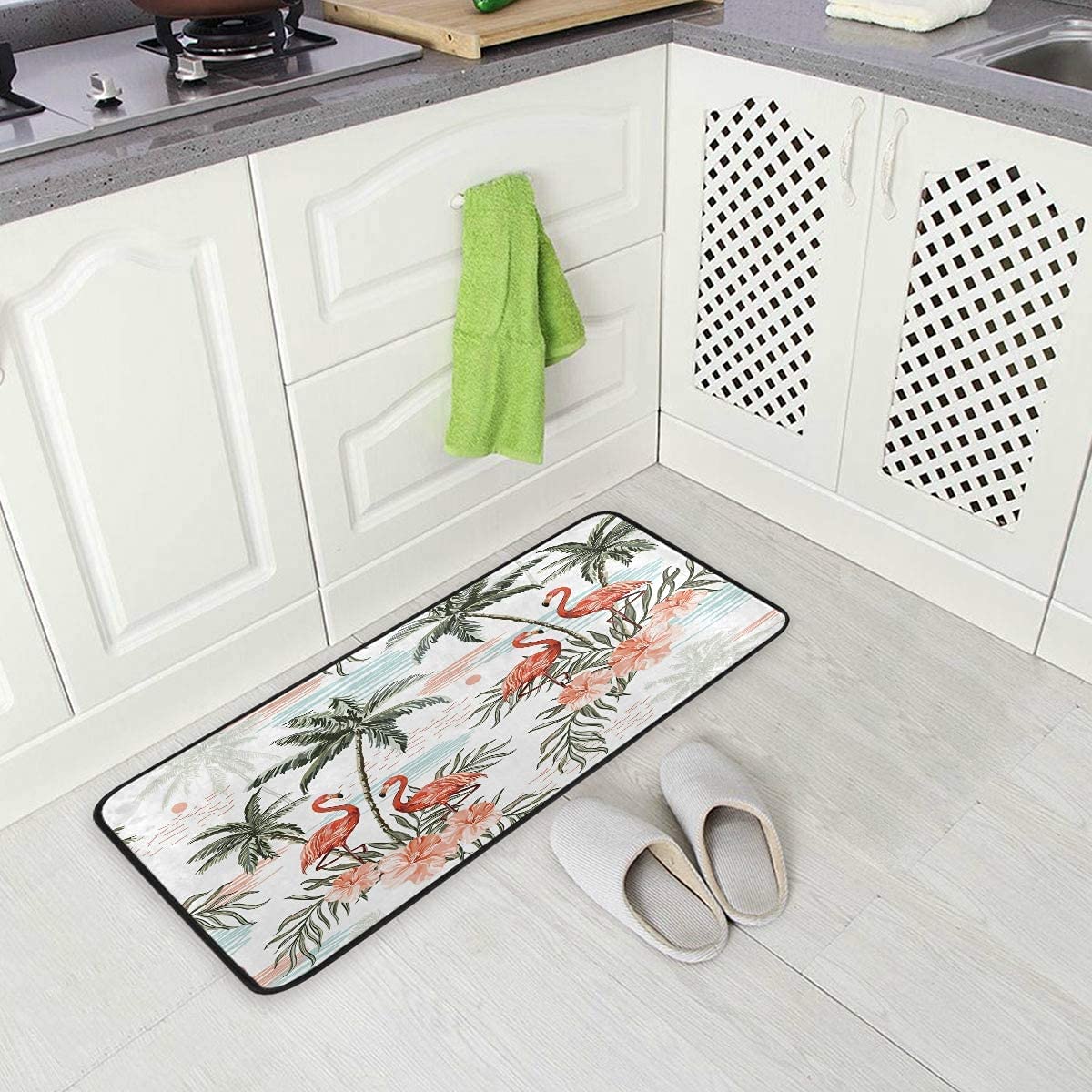 MOYYO Kitchen Mat Summer Beach Palm Trees Pink Flamingo Kitchen Rug Mat Anti-Fatigue Comfort Floor Mat Non Slip Oil Stain Resistant Easy to Clean Kitchen Rug Bath Rug Carpet for Indoor Outdoor