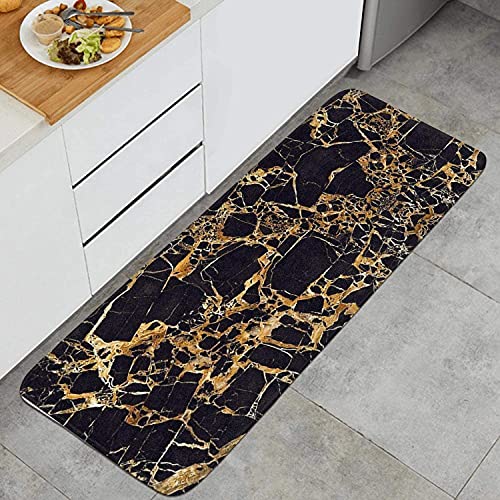 YGUII Kitchen Mat Kitchen Rugs Set Non-Slip Floor Mats Long Doormat Bathroom Floor Runner Area Rug Set Kitchen Carpet, 15.7" x 47.2" Black and Gold Marble Pattern