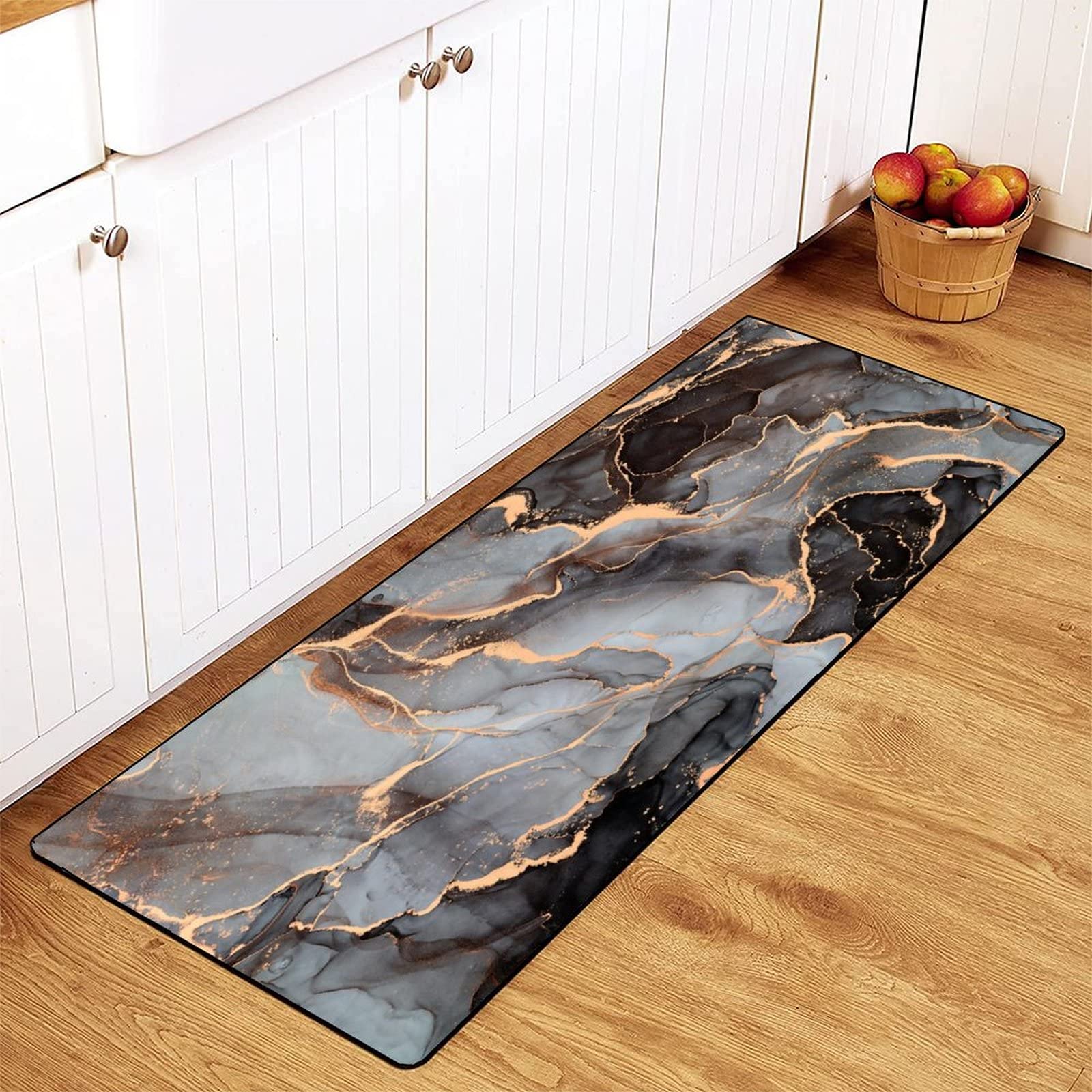 TsyTma Natural Fluid Marble Kitchen Rug Translucent Metallic Swirls Floor Mats Washable Non-Slip Bathroom Rug Runner Laundry Room Home Decor 39x20 Inch