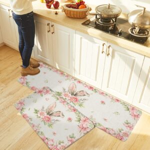 Easter Bunny Ears Kitchen Mats and Rugs Set of 2, Spring Watercolor Flowers Washable Absorbent Kitchen Runner Rug Carpet Anti-Fatigue Comfort Mat for Kitchen Bathroom Laundry 20x31.5+20x47