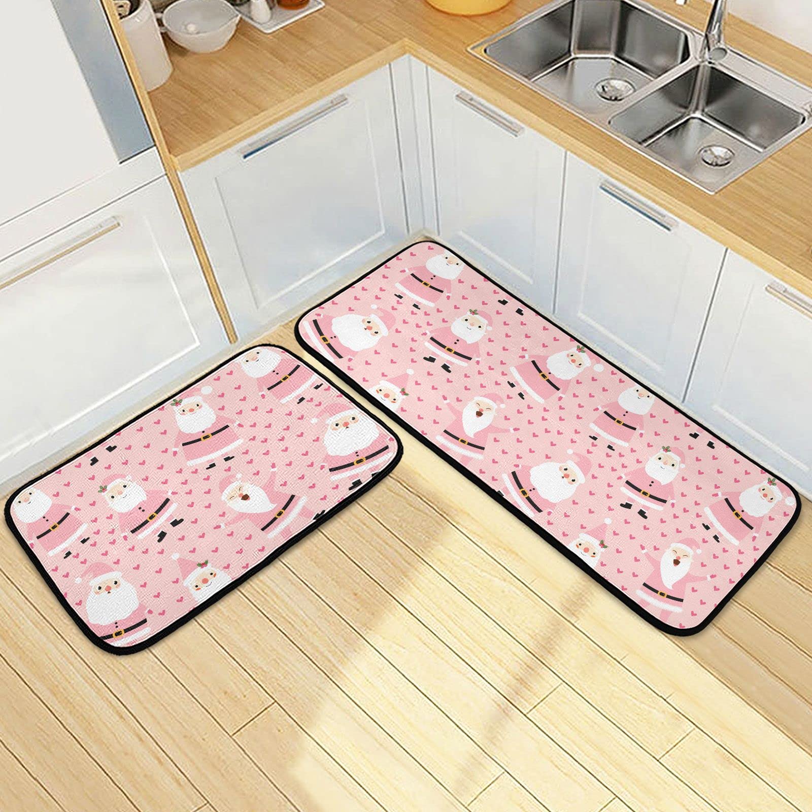 Exnundod Pink Winter Santa Claus Kitchen Mat Rugs, Cartoon Cute Floor Runner Non Slip Comfort Mat for Living Room Laundry Room Hallway Home Decor