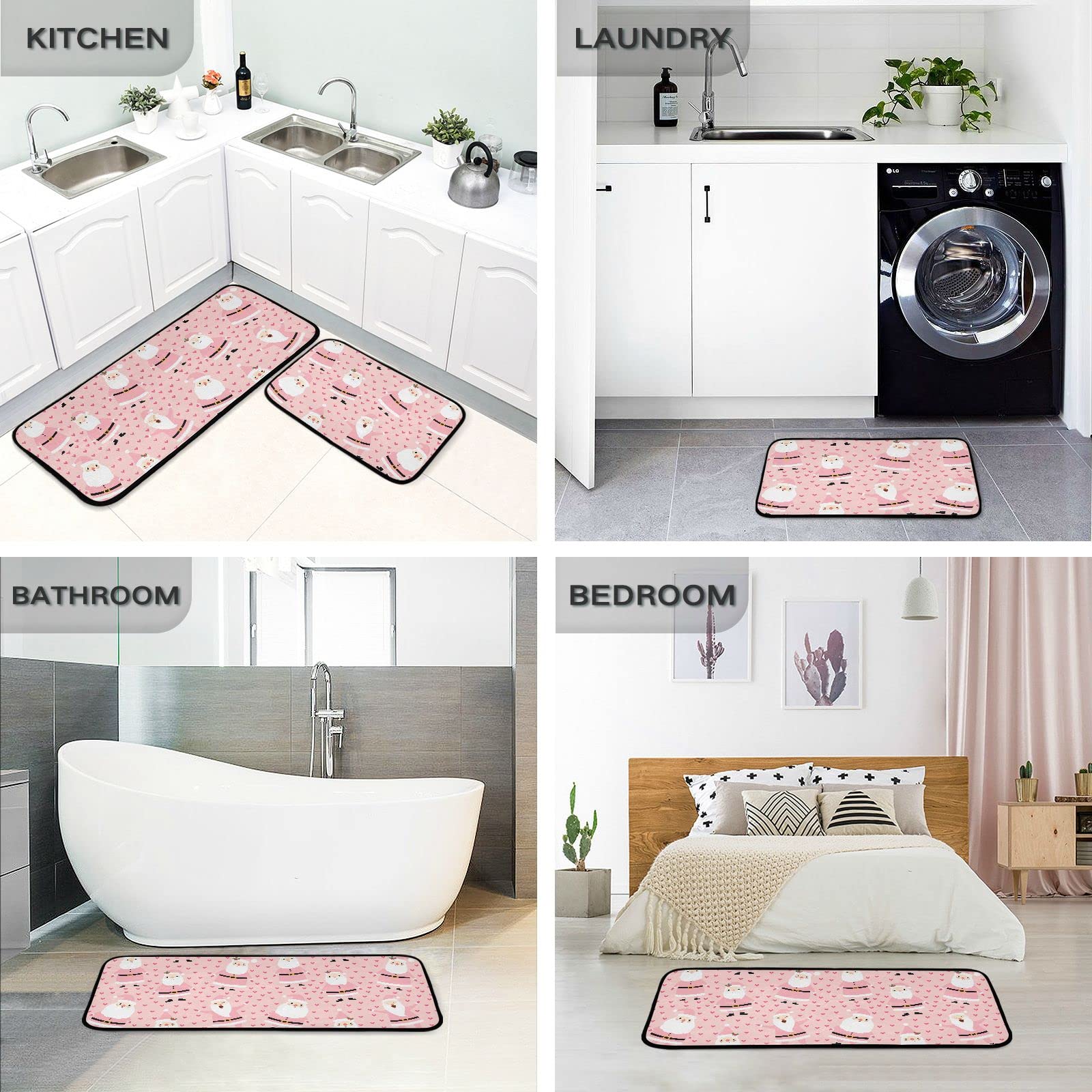 Exnundod Pink Winter Santa Claus Kitchen Mat Rugs, Cartoon Cute Floor Runner Non Slip Comfort Mat for Living Room Laundry Room Hallway Home Decor