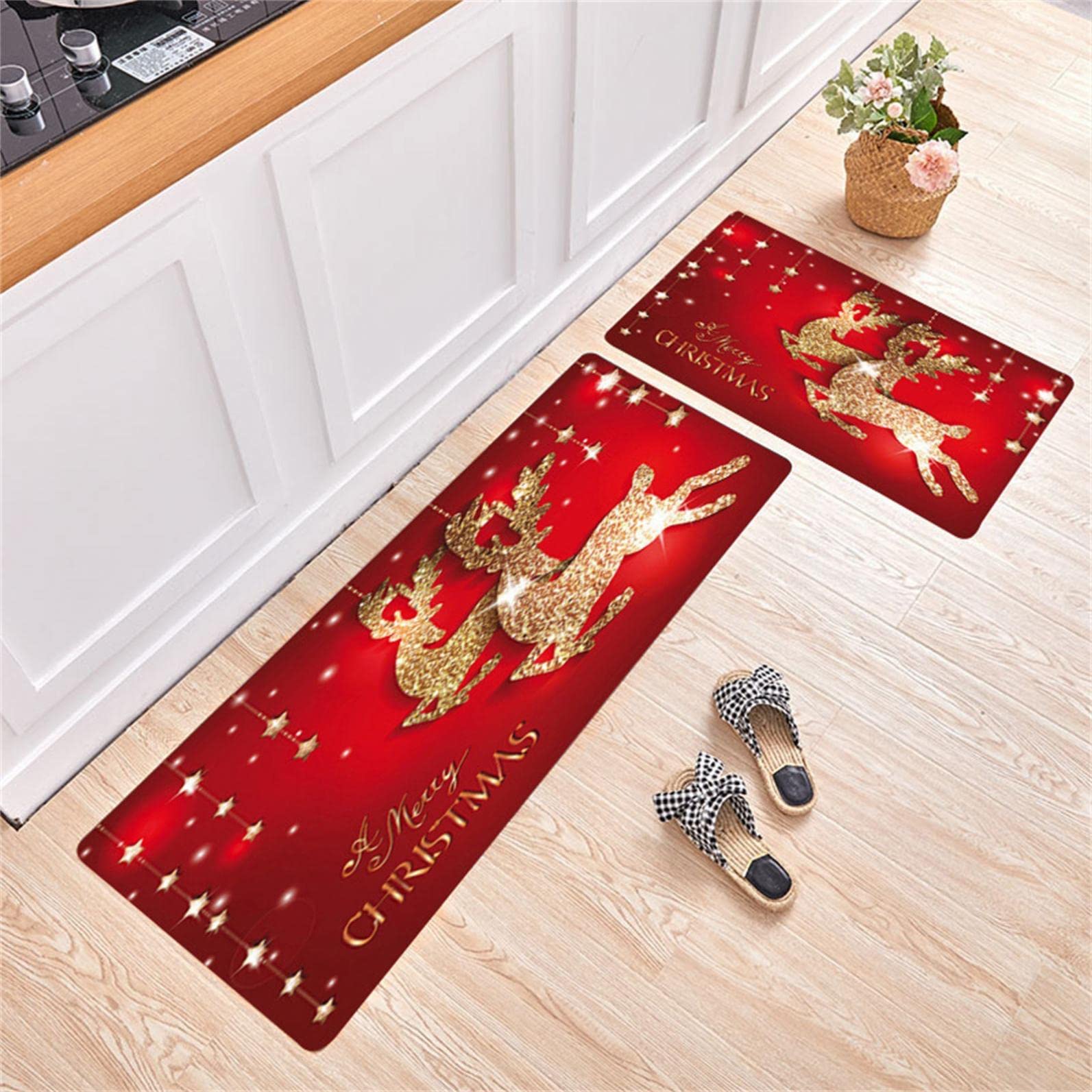 ROTORS Decorative Christmas Kitchen Mats Set of 2, Christmas New Year Snow Yard Kitchen Rug with Non-Slip Rubber, Gnome Seasonal Decorative Red Floor Mat Doormat