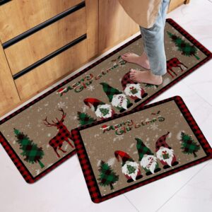 Subently Christmas Kitchen Mats Anti Fatigue Set of 2 Deco Gnome Kitchen Runner Floor Mats Non-Slip Area Carpets Christmas Tree Deer Kitchen Runner Set Country Farmhouse Washable Doorway Sink Bathroom