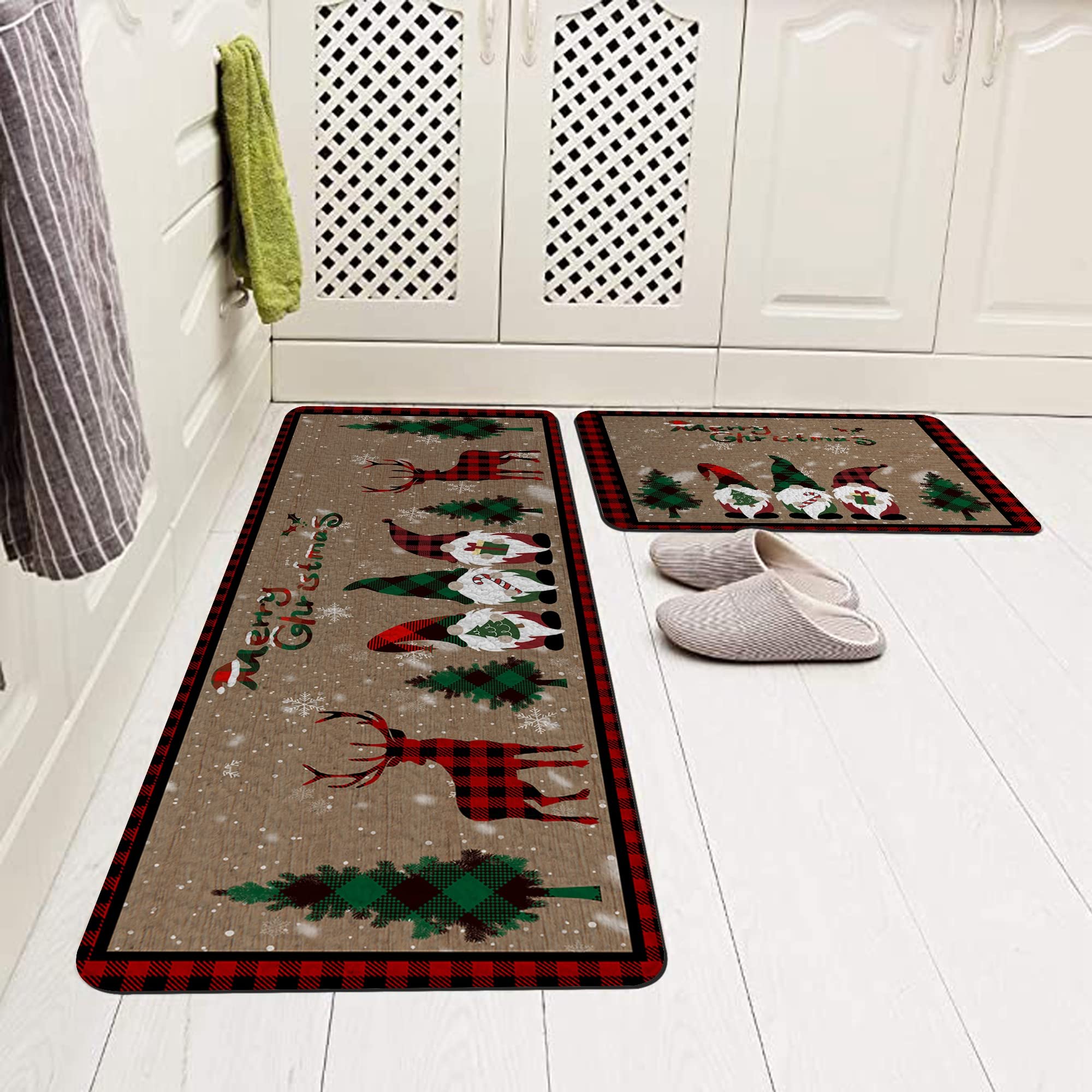 Subently Christmas Kitchen Mats Anti Fatigue Set of 2 Deco Gnome Kitchen Runner Floor Mats Non-Slip Area Carpets Christmas Tree Deer Kitchen Runner Set Country Farmhouse Washable Doorway Sink Bathroom