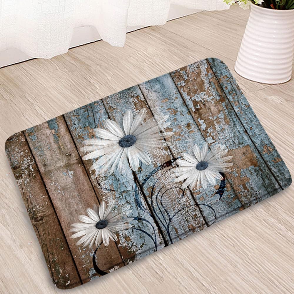 Rustic Farmhouse Floral Bath Mat Farm White Daisy Flower Butterfly Country Blue Brown Wooden Board Vintage Western Microfiber Memory Foam Bathroom Rug