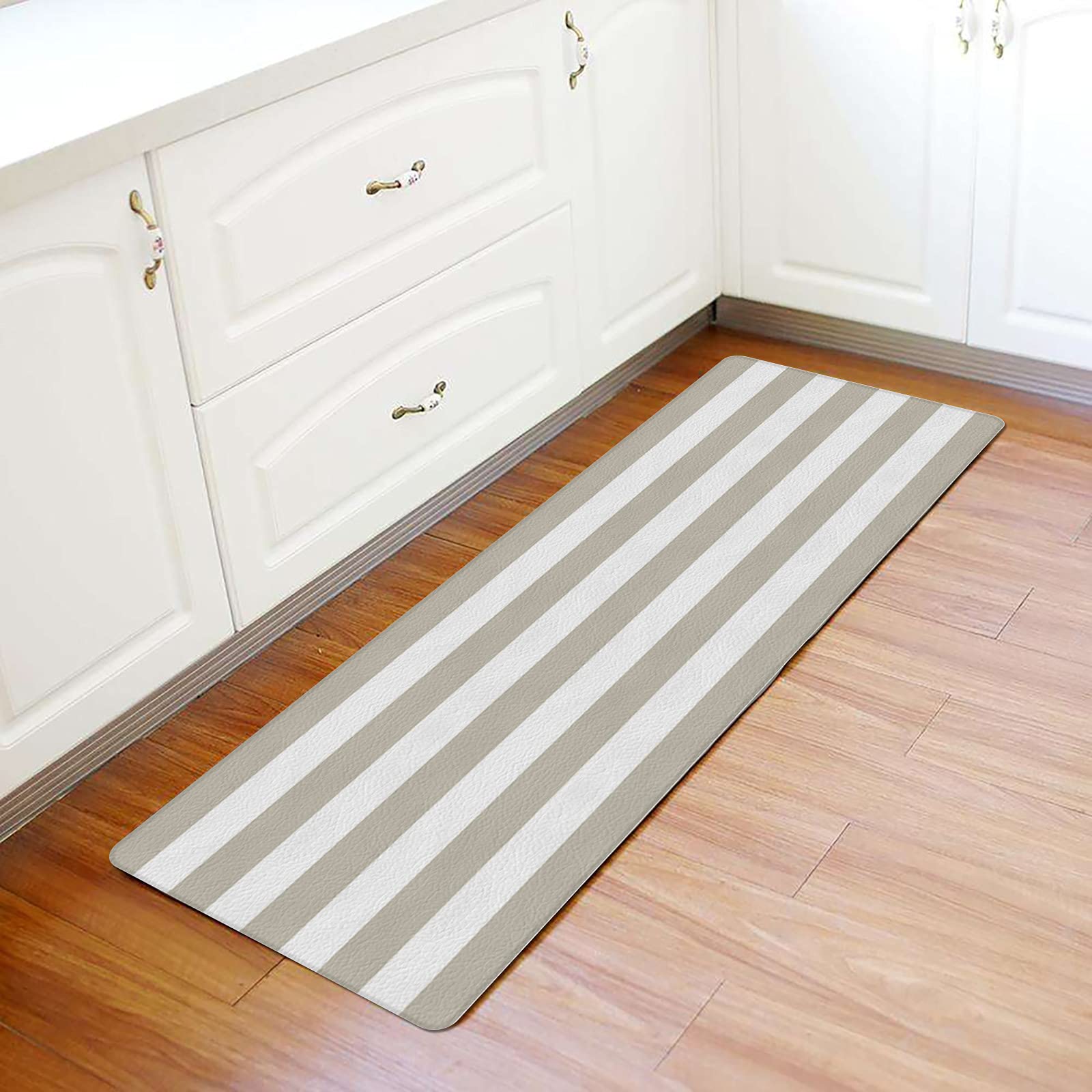 Beige Geometric Stripe Farm House Antifatigue Kitchen Bath Door Mat Cushioned Runner Rug,Washable Welcome Floor Sink Mat,Rustic Contemporary Waterproof Non-Slip Comfort Standing Doormat,18"x47"