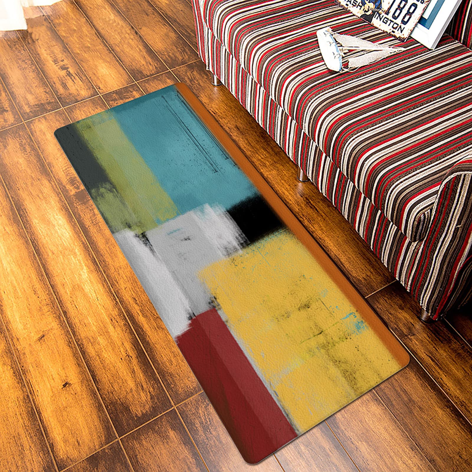 Teal Green Antifatigue Kitchen Bath Door Mat Cushioned Runner Rug,Washable Welcome Floor Sink Mat,Abstract Geometric Orange Red Black White Painting Art Waterproof Comfort Standing Doormat,18"x47"