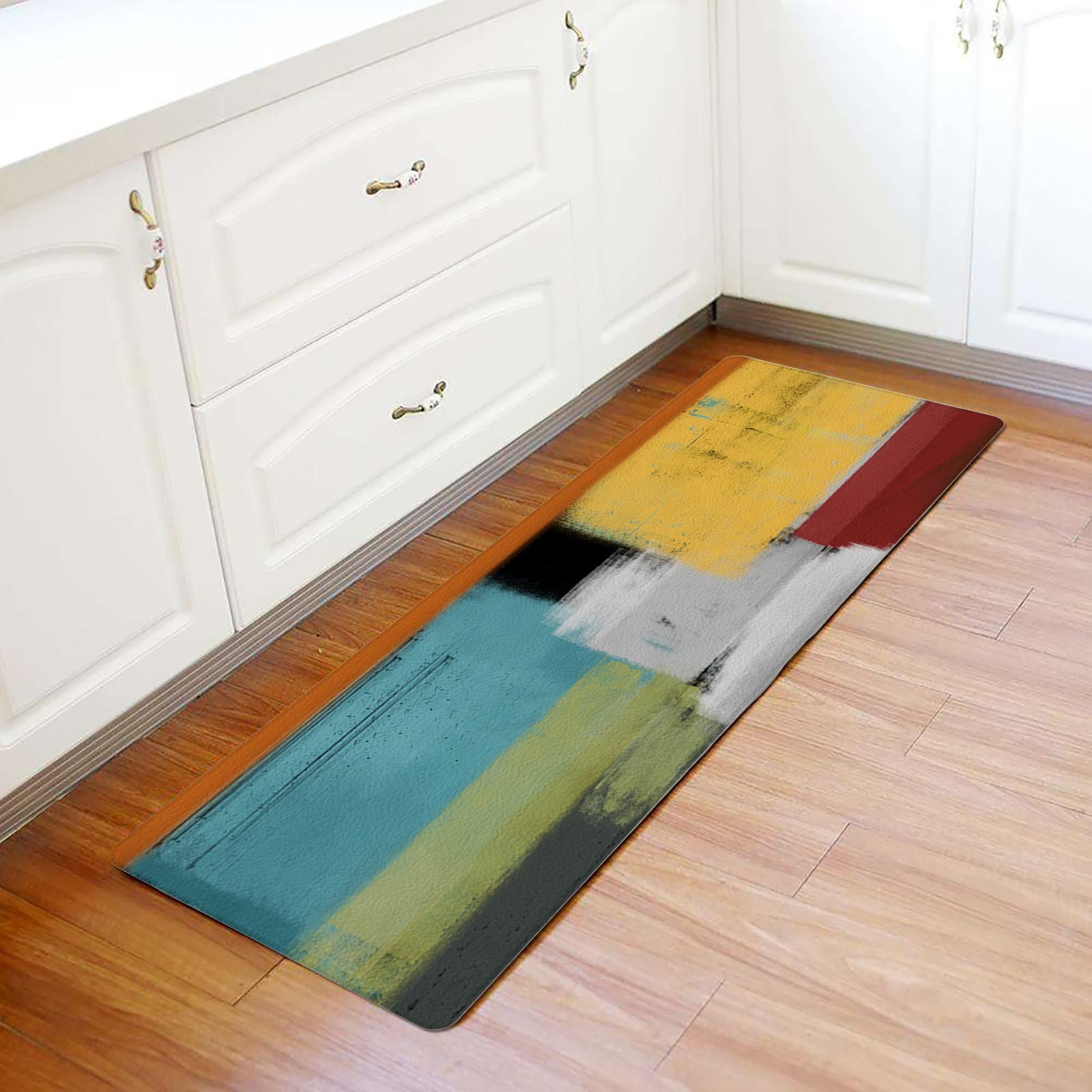 Teal Green Antifatigue Kitchen Bath Door Mat Cushioned Runner Rug,Washable Welcome Floor Sink Mat,Abstract Geometric Orange Red Black White Painting Art Waterproof Comfort Standing Doormat,18"x47"