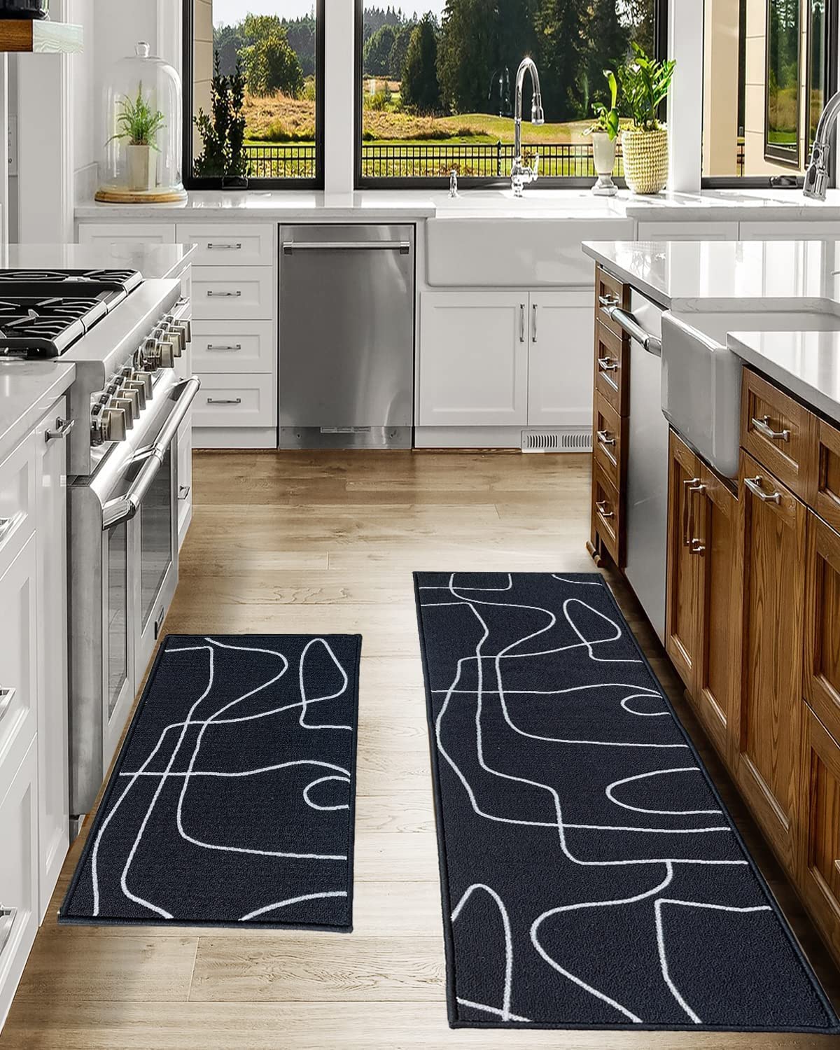 Kitchen Rugs and Mats Laundry Rugs Nylon Kitchen Mat Non Slip Machine Washable Runner Carpets Kitchen Office,24"x16"/Black Line