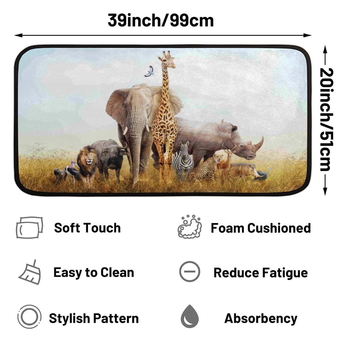 Pardick Rhinoceros Elephant Kitchen Rugs and Mats, African Animal Non Slip Washable Absorbent Area Rugs Anti Fatigue Kitchen Mat Memory Foam Doormat Runner Rug for Floor Kitchen Bathroom 39X20in