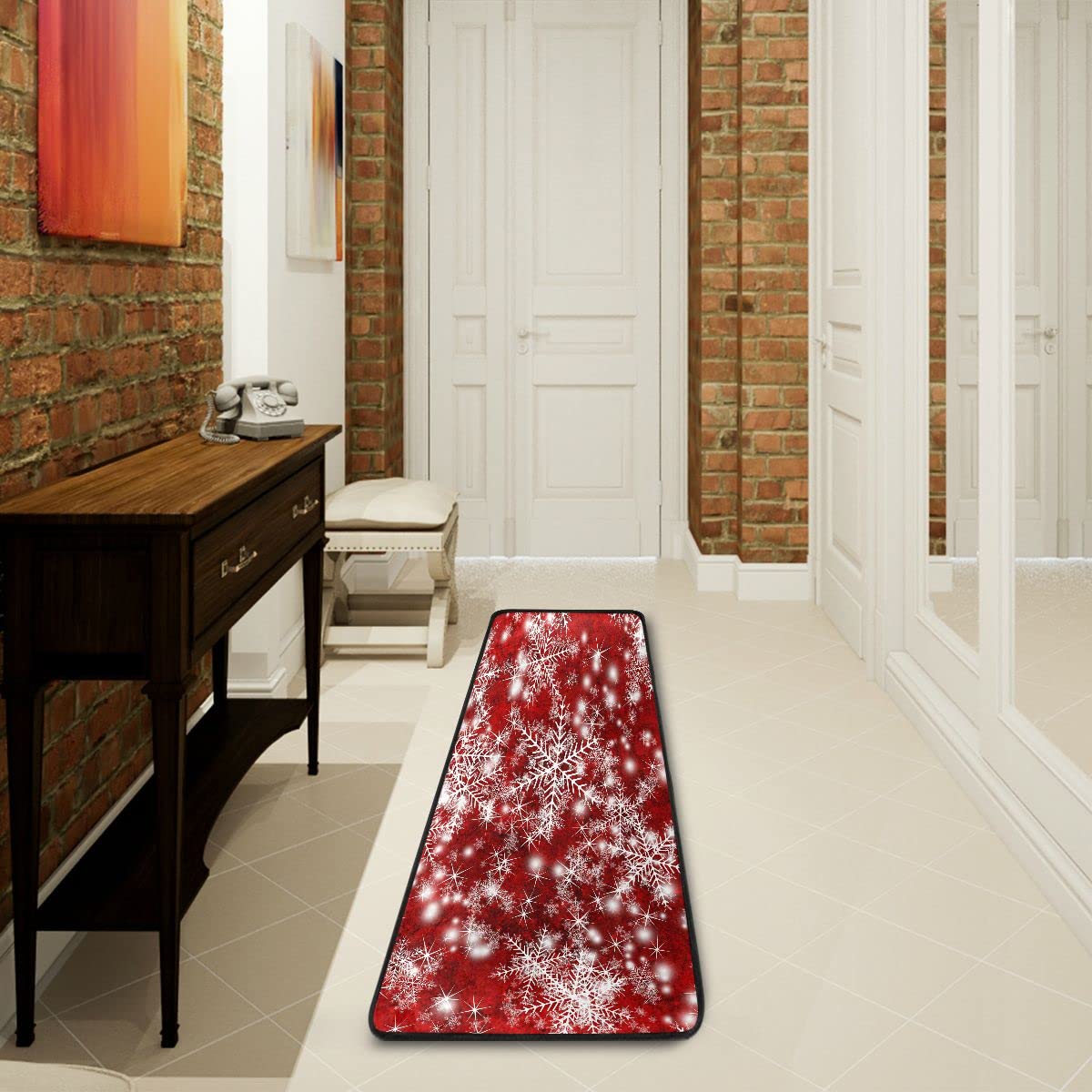 Christmas Runner Rug Snowflakes Red Bath Rug Kitchen Mat Doormat Large Runner Carpet 72" X 24"