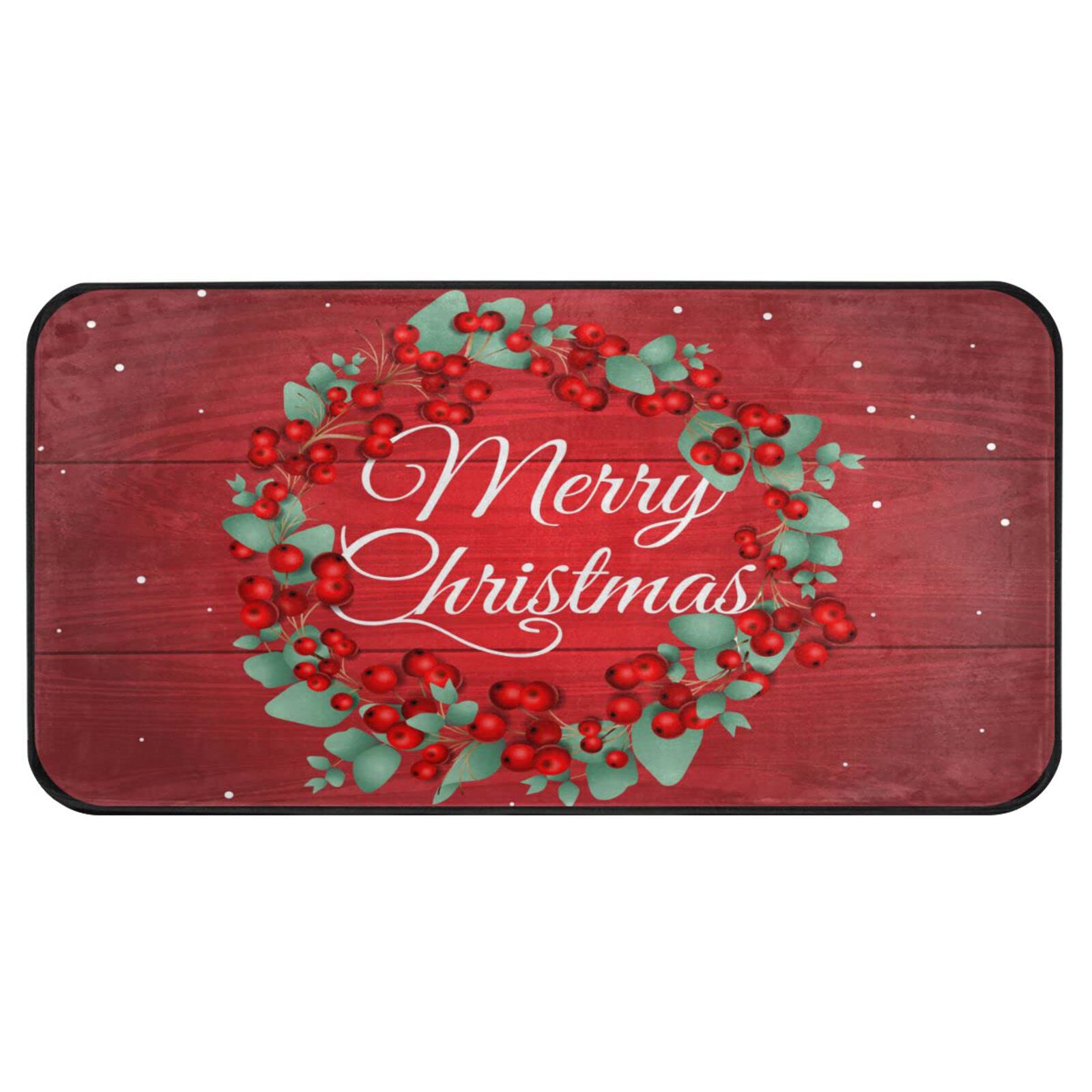 Christmas Kitchen Rugs, Merry Christmas Wreath Red Doormat Bath Rugs Mat Non Slip Area Rugs for Bathroom Kitchen Indoor 39" X 20"