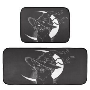 cupada black cat halloween kitchen rug set of 2 evil witch hat vintage floor runner rug anti fatigue non slip comfort mat 19.7x27.6 inch + 19.7x47.2 inch for living room laundry room hallway