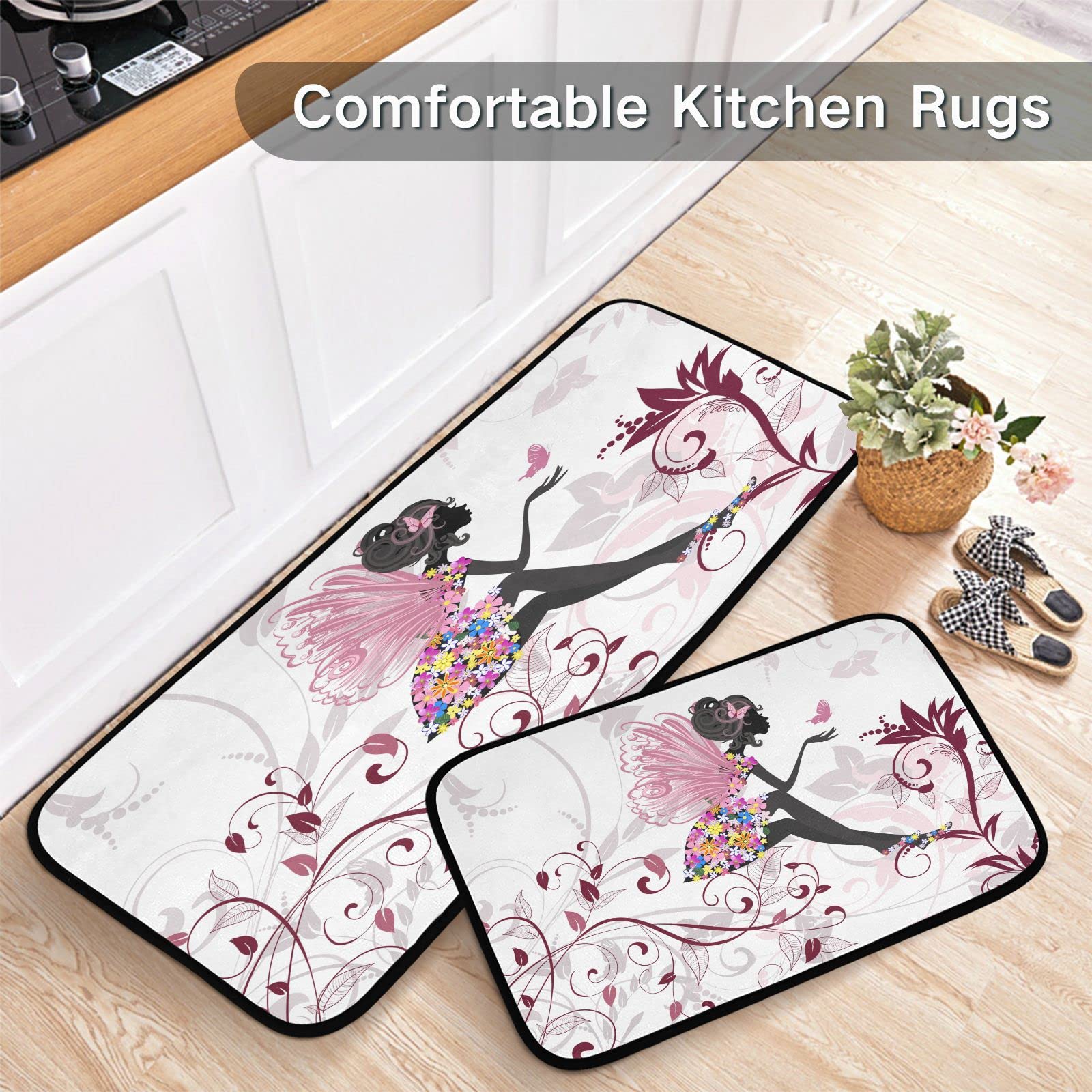 Magic Fairy Flowers Girl Butterfly Kitchen Rugs and Mats 2 Pieces Anti Fatigue Kitchen Rug Set Non-Slip Bath Mat Entry Floor Carpet Entrance Door Mat Runner 20"x28"+20"x47"